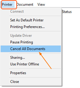 Click Printer again and click “Cancel All Documents”