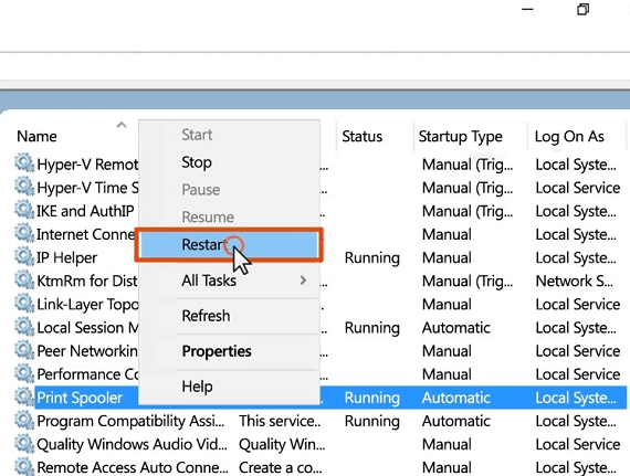 go to the ‘Spooler Service’ option and click on the ‘Restart’
