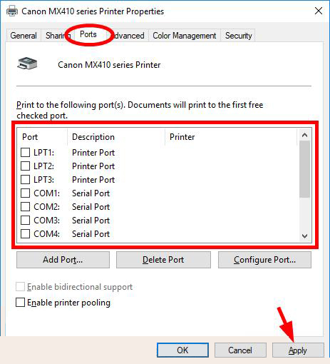 In the port settings, check your printer name